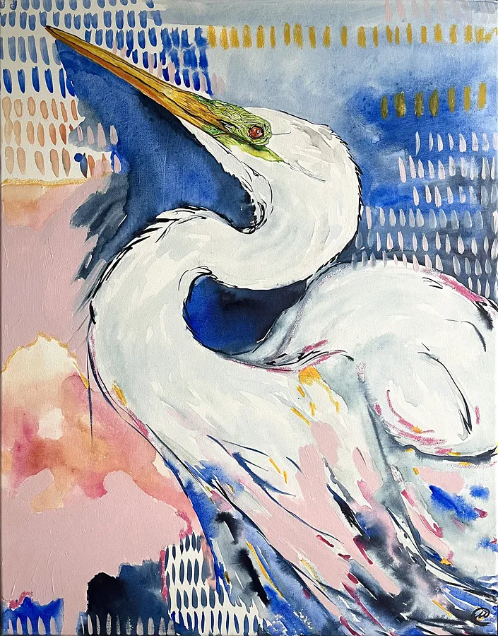 Image of The white heron by Maryna Kovalchuk, size: 22 W x 28 H, made of Watercolor, acrylic, canvas, Painting medium, priced at $350