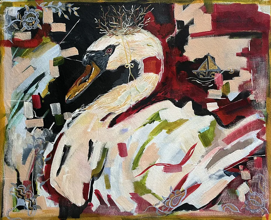 Image of A carpet with a swan by Maryna Kovalchuk, size: 34 W x 27 H, made of Acrylic, canvas, Painting medium, from Jacksonville, FL, priced at $590