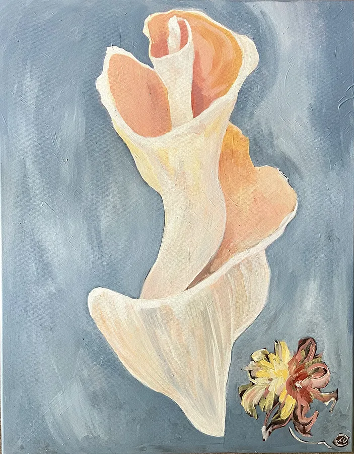 Image of Seashell and flower by Maryna Kovalchuk, size: 22 W x 27 H, made of Acrylic, watercolor, canvas, Painting medium, from Jacksonville, Fl, priced at $560