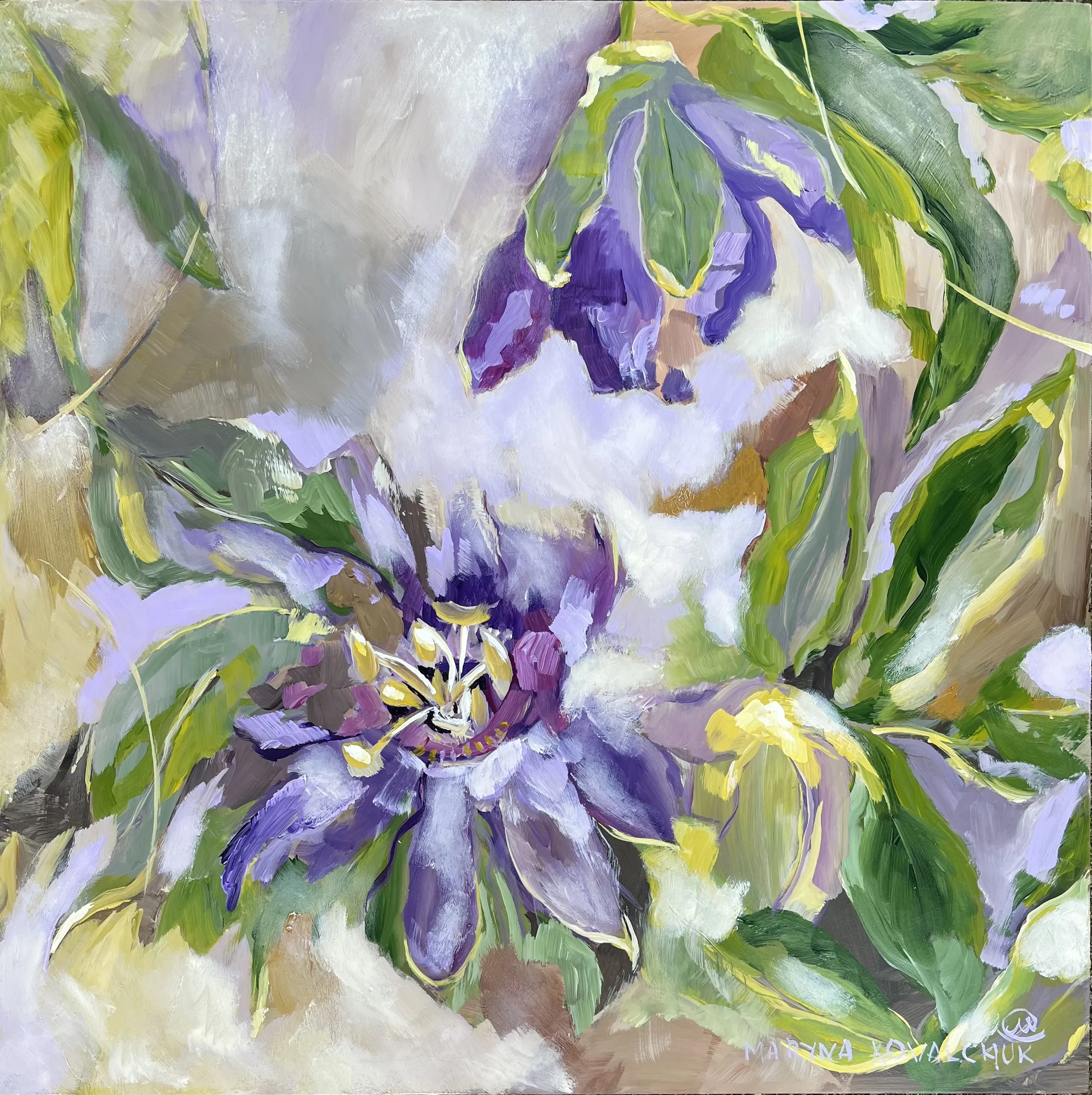 Image of Passion flower by Maryna Kovalchuk, size: 18 x 18 inches, made of Acrylic, wood board, Painting medium, from Jacksonville, priced at $350 Photo 1 of 3.