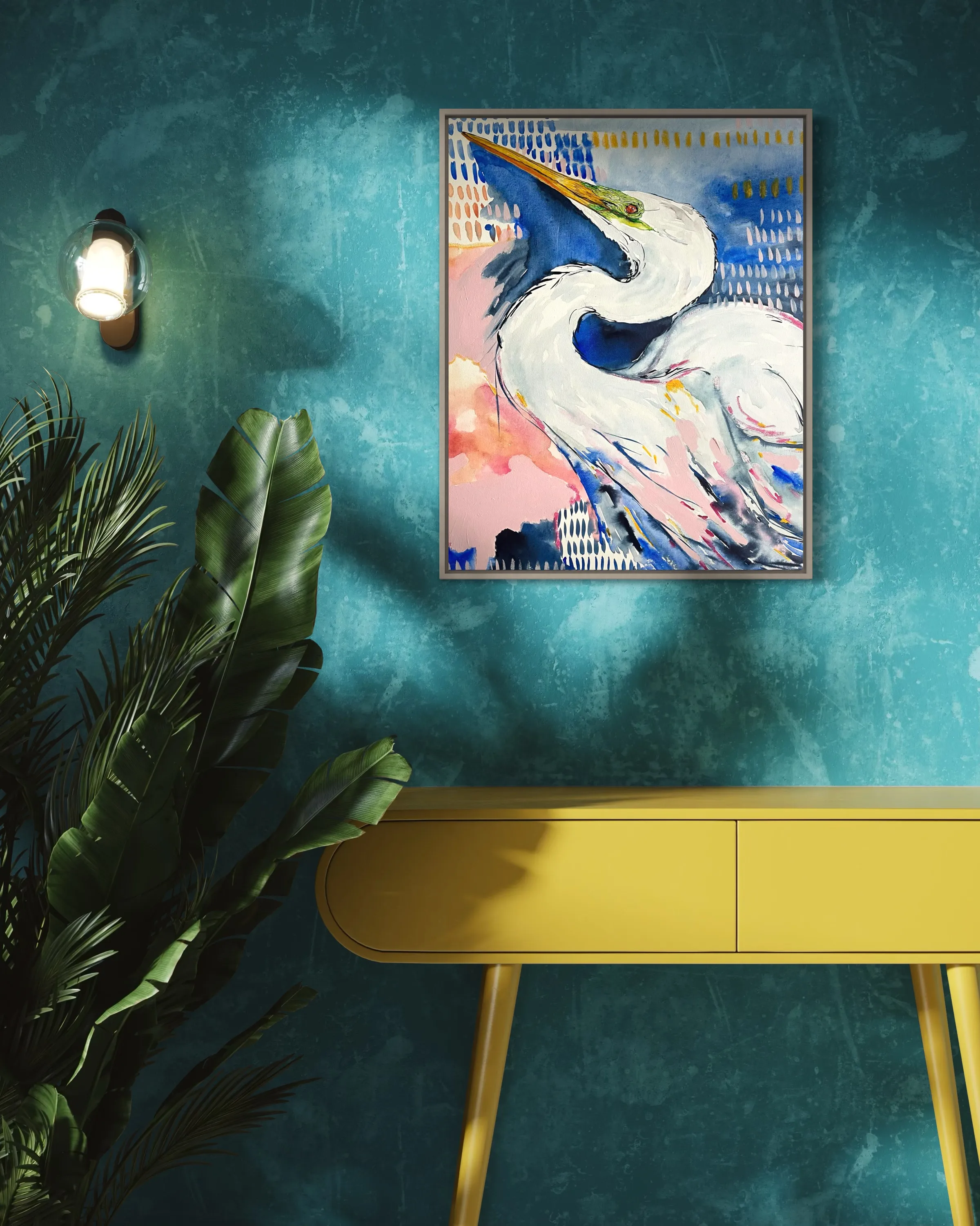Image of The white heron by Maryna Kovalchuk, size: 22 W x 28 H, made of Watercolor, acrylic, canvas, Painting medium, priced at $470 Photo 2 of 2.